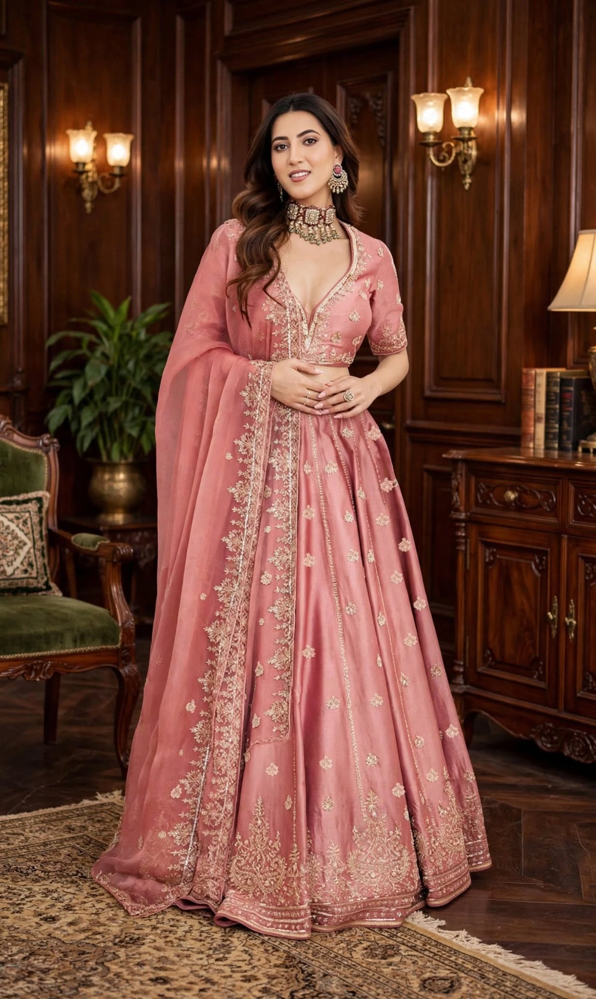Aurelia Rosewood Embroidered Chinnon Lehenga Set