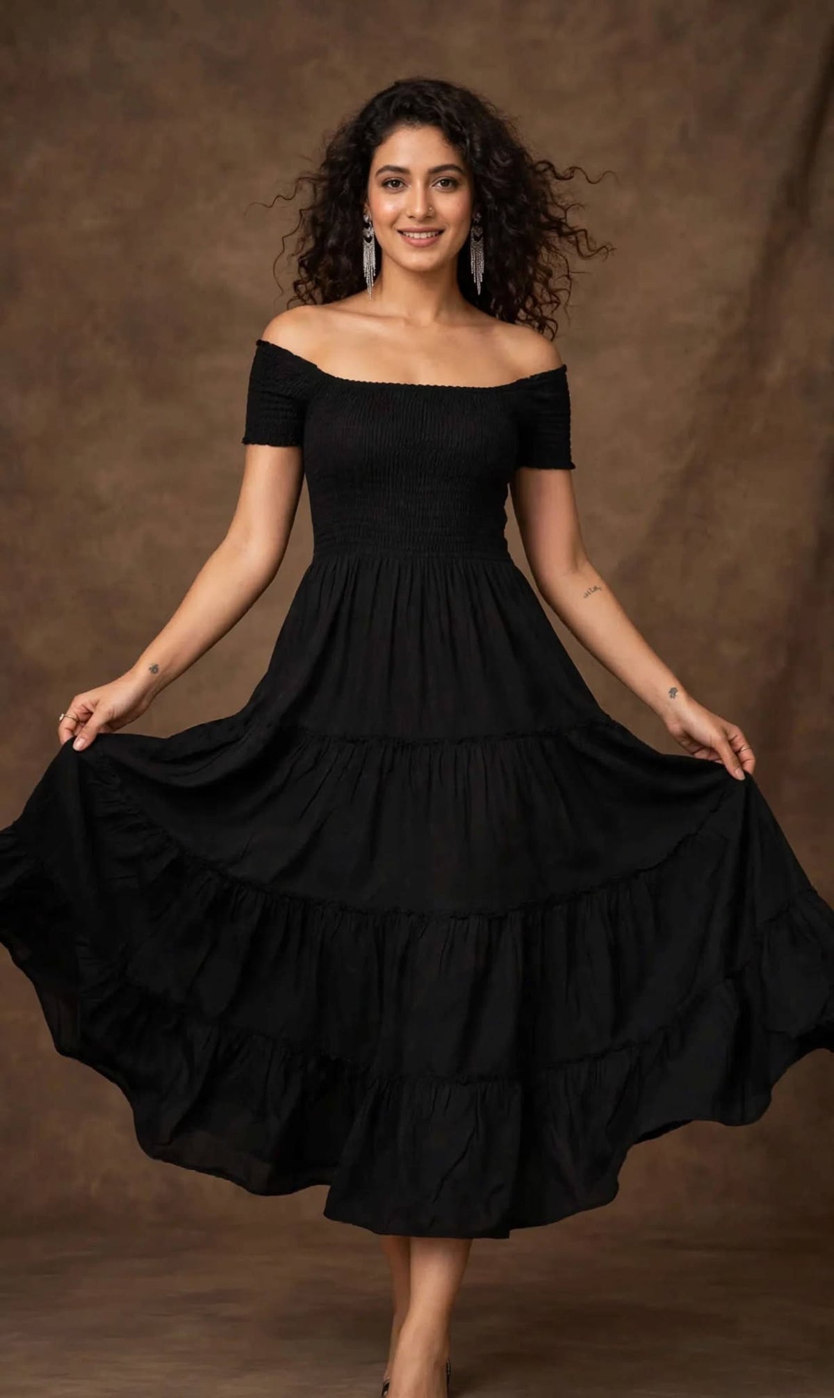 Aurelia Noir Smocked Fit & Flare Maxi Dress