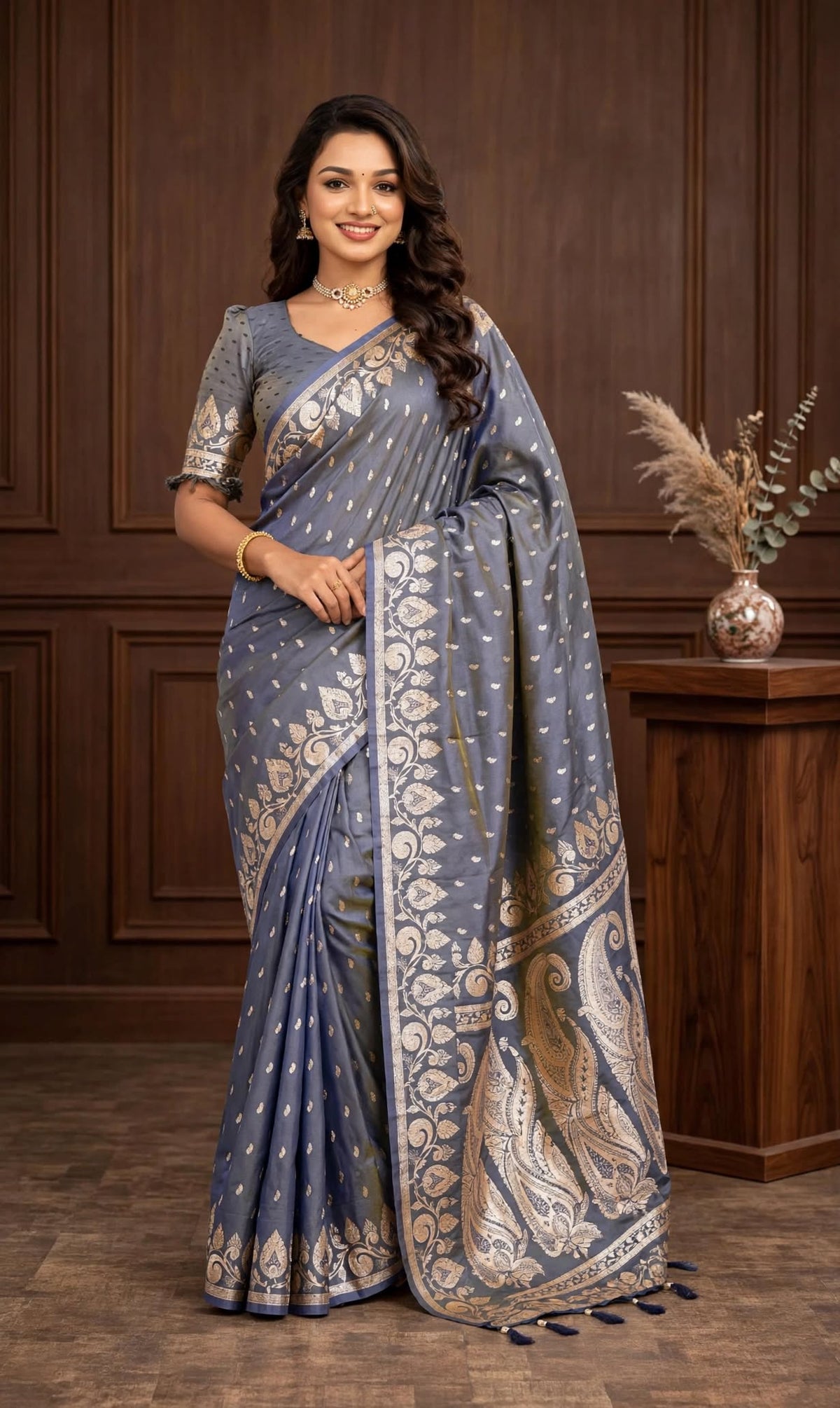 Aurelia Grey Banarasi Soft Silk Saree with Zari Border
