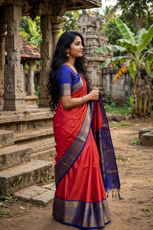 Aurelia Crimson Kanjivaram Tissue Saree