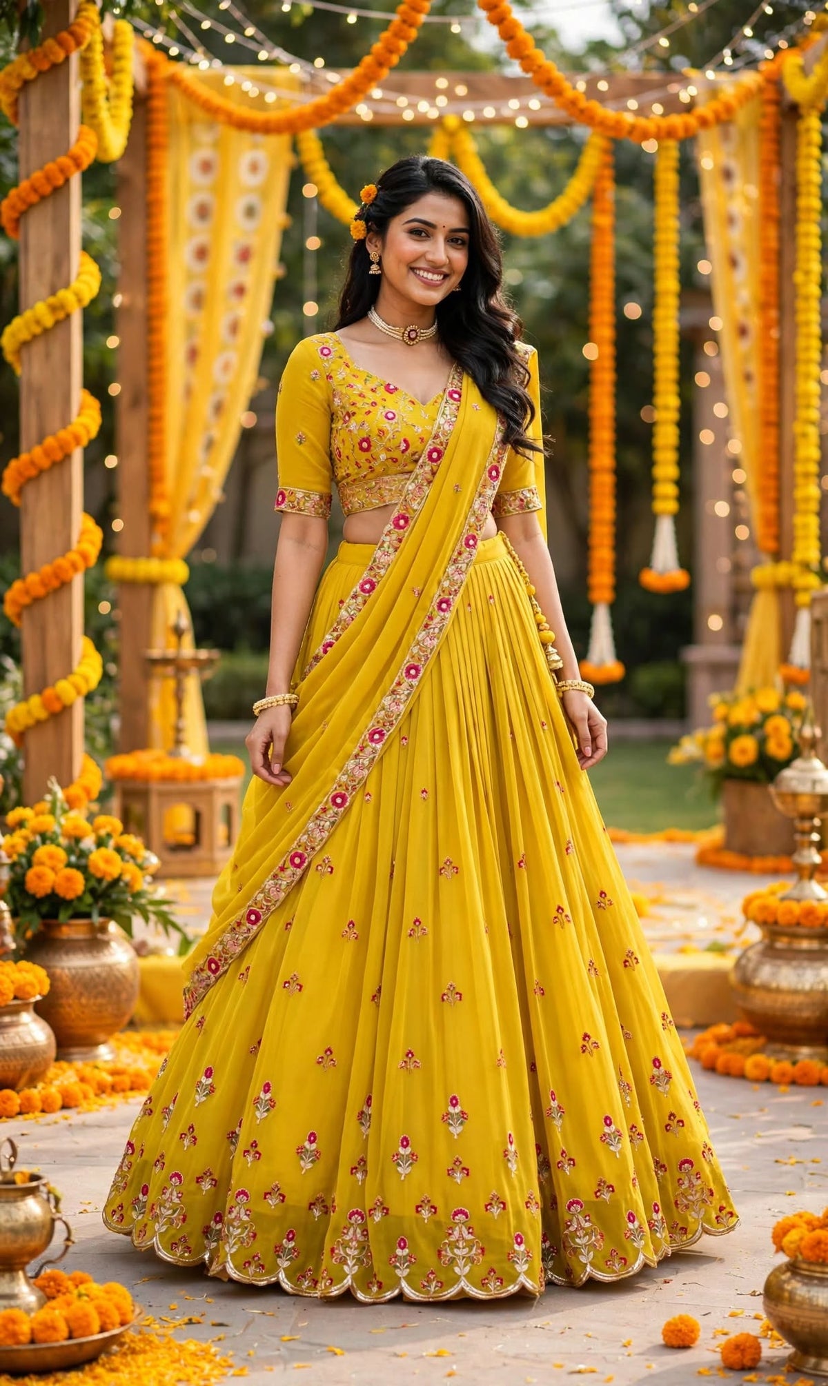 Sunlit Marigold Embroidered Georgette Lehenga Set