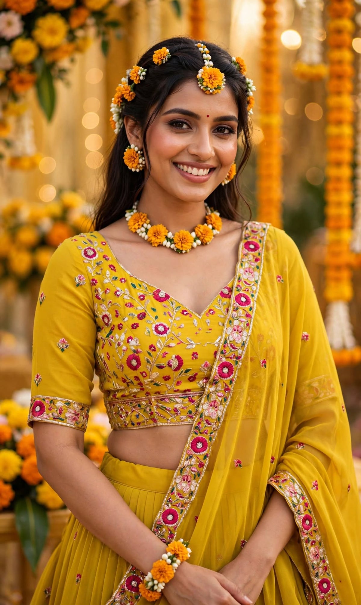 Sunlit Marigold Embroidered Georgette Lehenga Set