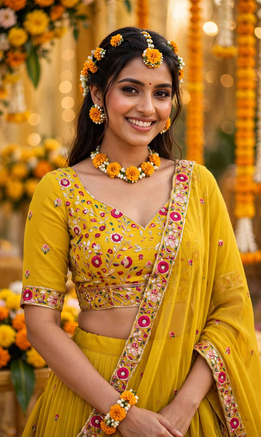 Sunlit Marigold Embroidered Georgette Lehenga Set