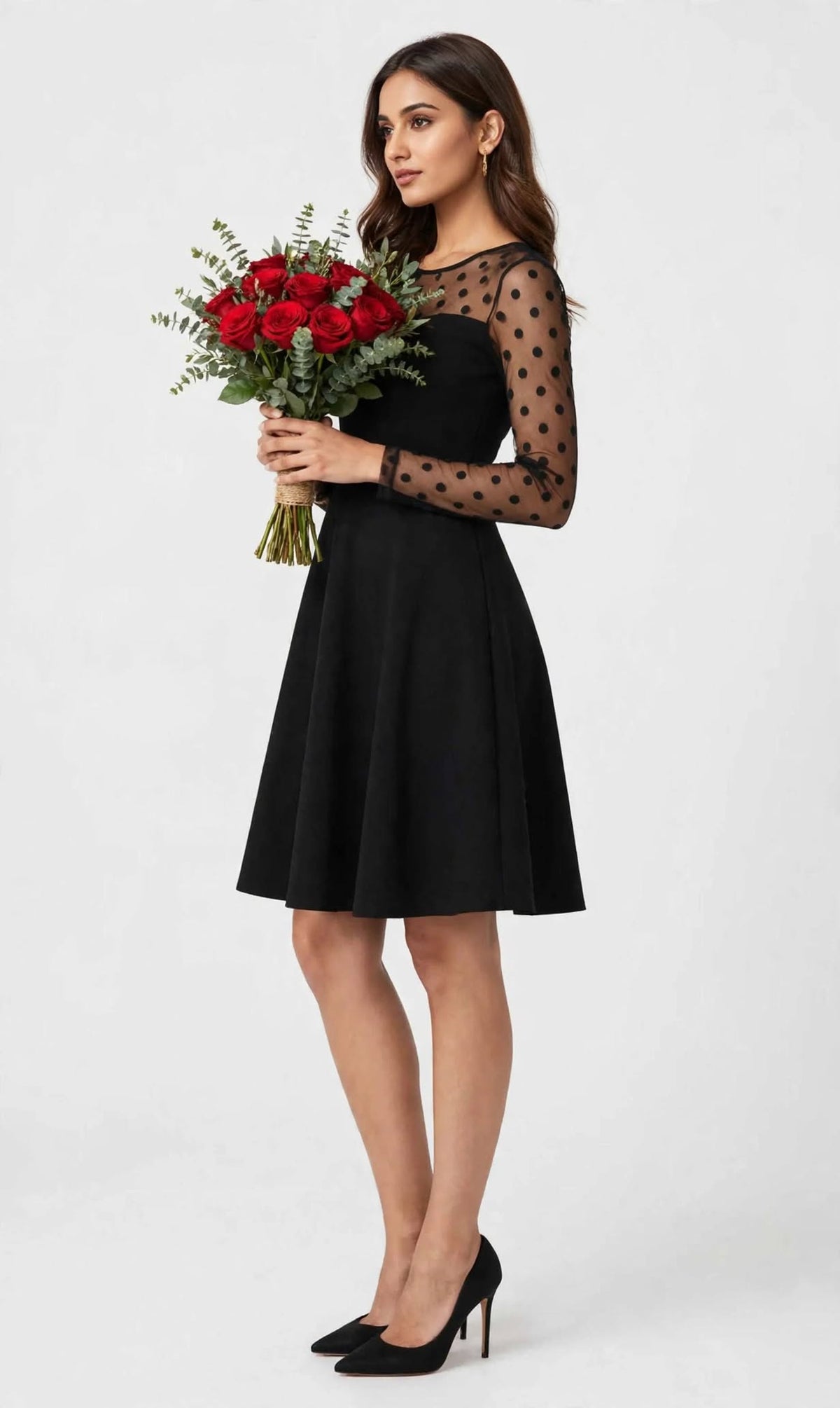 Aurelia Noir Mesh-Sleeve Fit & Flare Party Dress