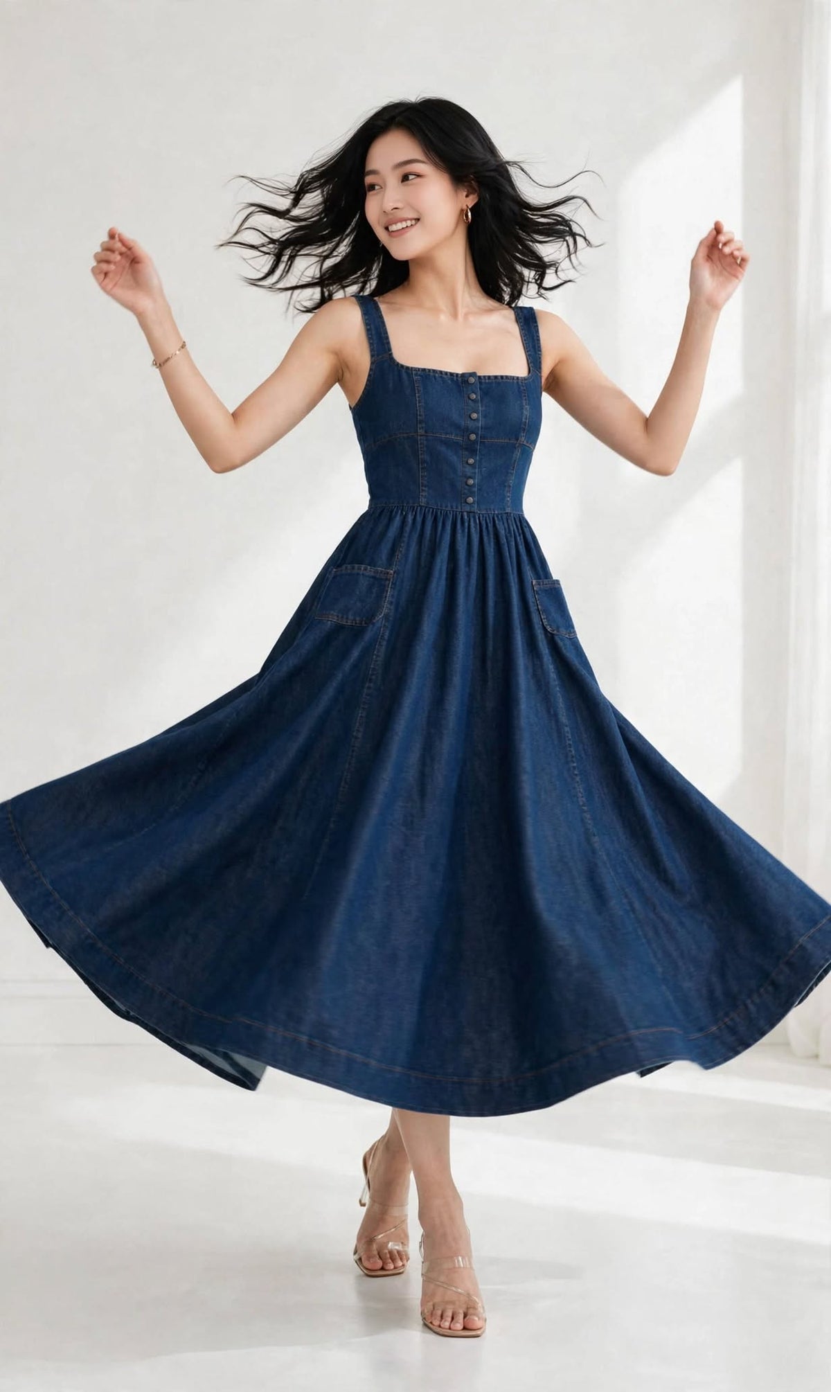 Aurelia Denim Blue Square-Neck Fit & Flare Midi Dress