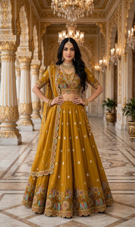 Aurelia Mustard Embroidered Lehenga Set