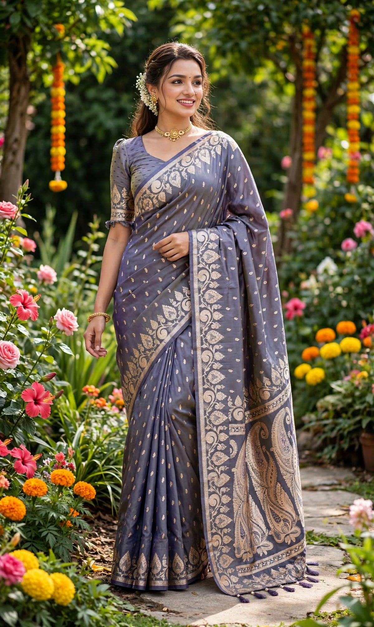 Aurelia Grey Banarasi Soft Silk Saree with Zari Border