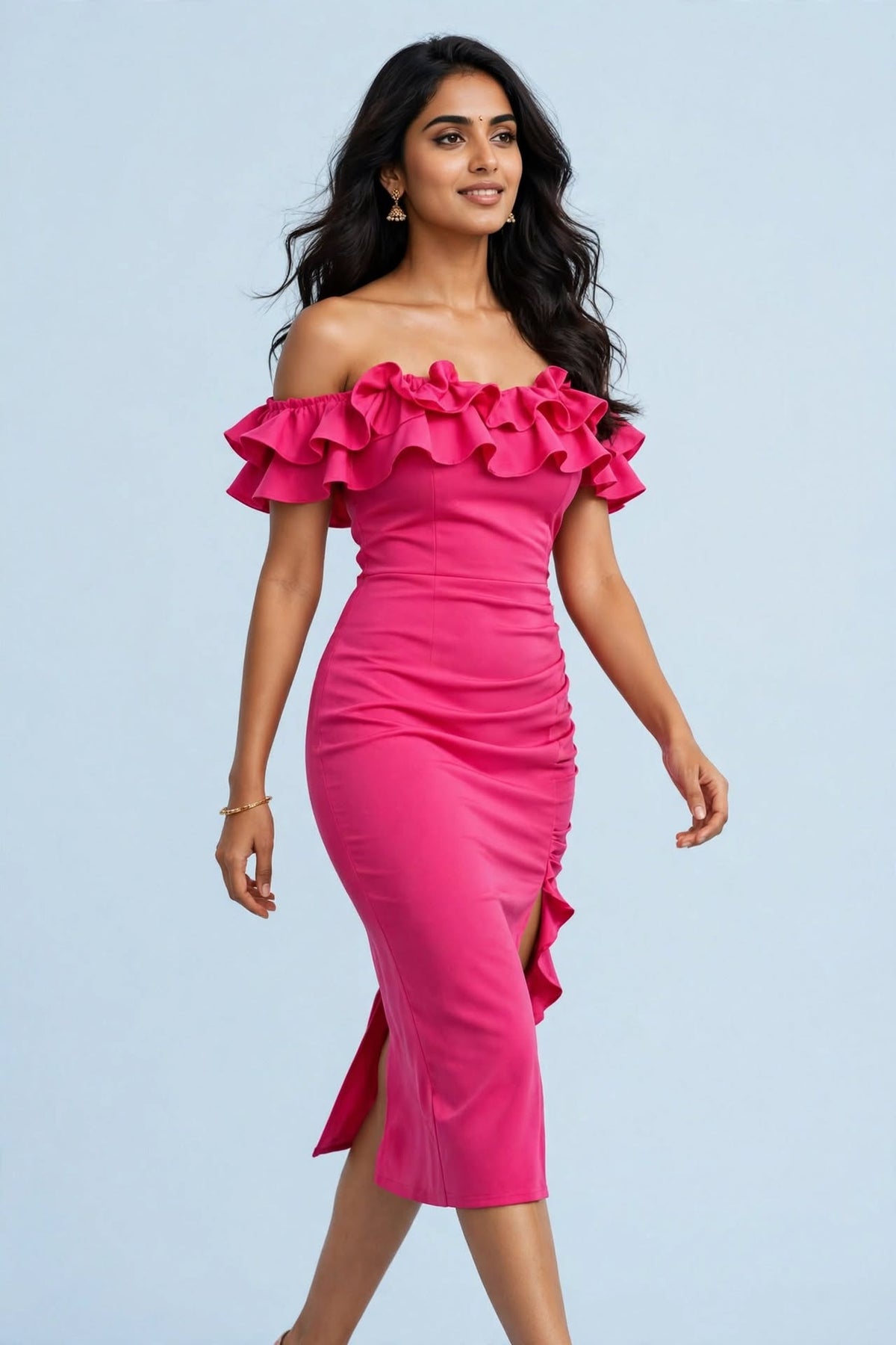 Rosé Fuchsia Off-Shoulder Bodycon Maxi Dress