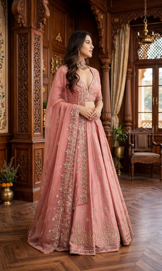 Aurelia Rosewood Embroidered Chinnon Lehenga Set
