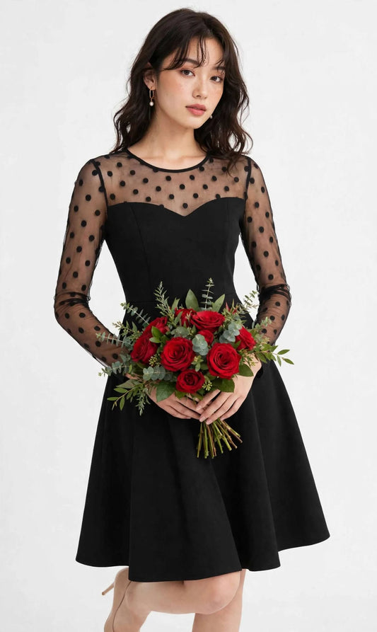 Aurelia Noir Mesh-Sleeve Fit & Flare Party Dress