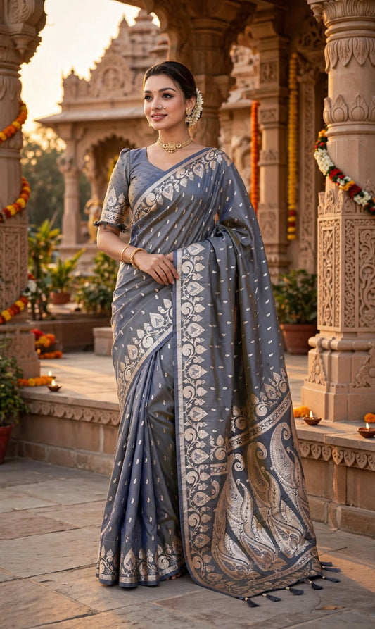 Aurelia Grey Banarasi Soft Silk Saree with Zari Border