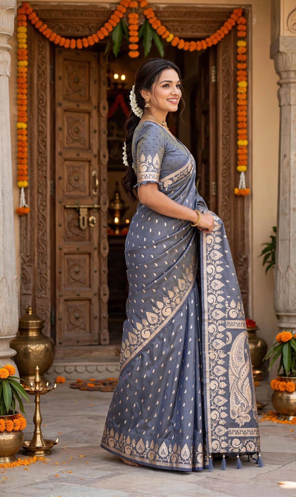 Aurelia Grey Banarasi Soft Silk Saree with Zari Border