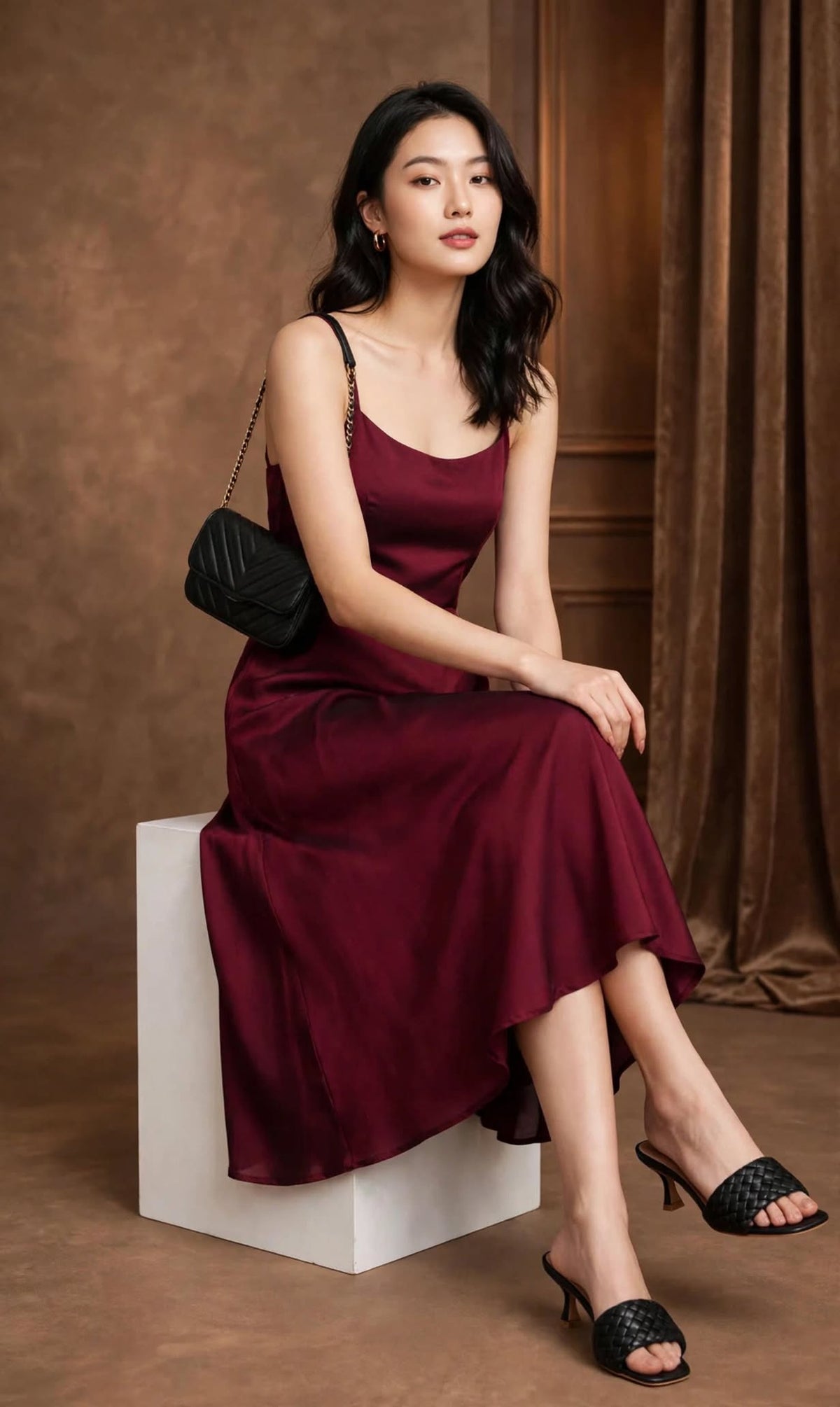 Aurelia Maroon Satin Fit & Flare Midi Dress