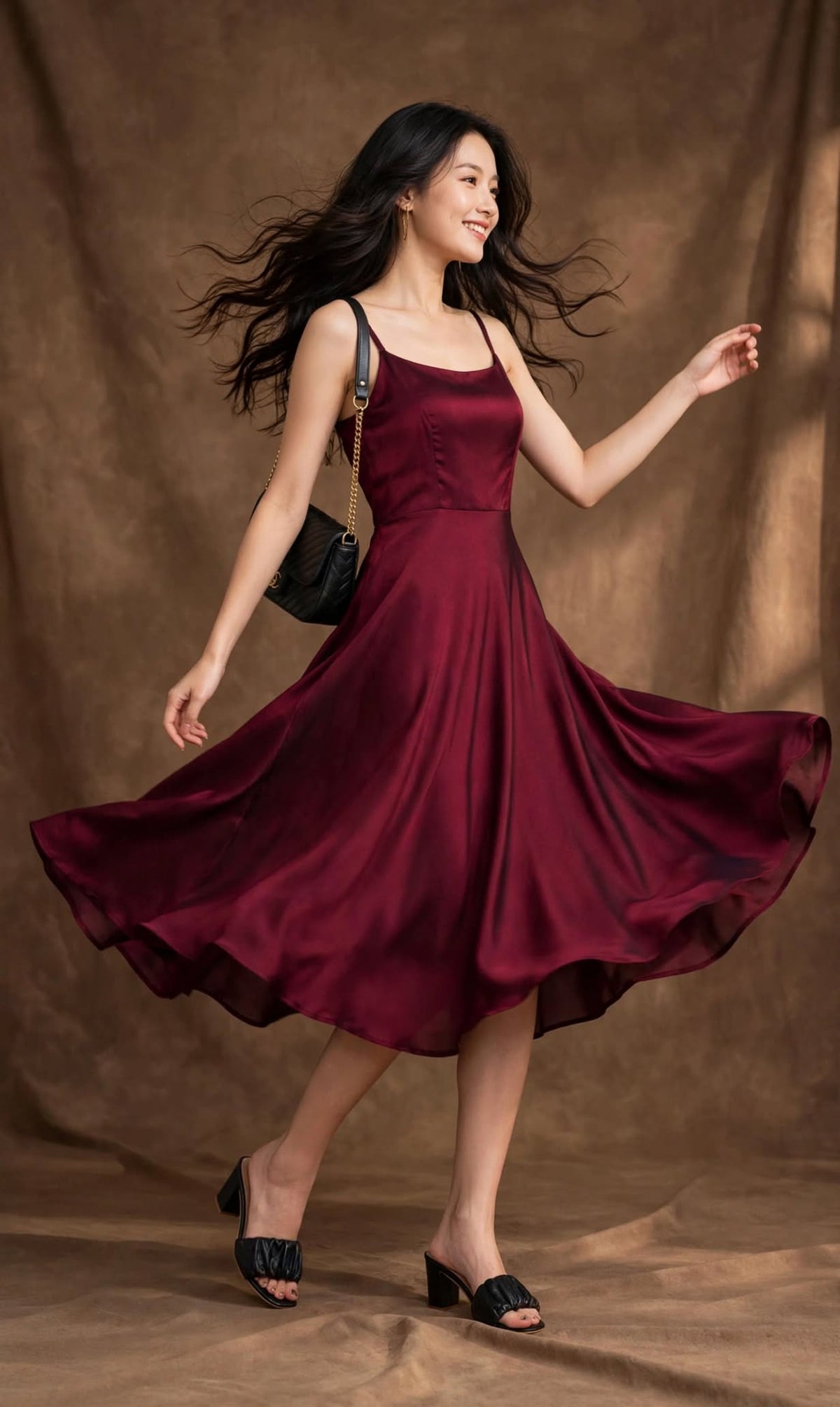 Aurelia Maroon Satin Fit & Flare Midi Dress
