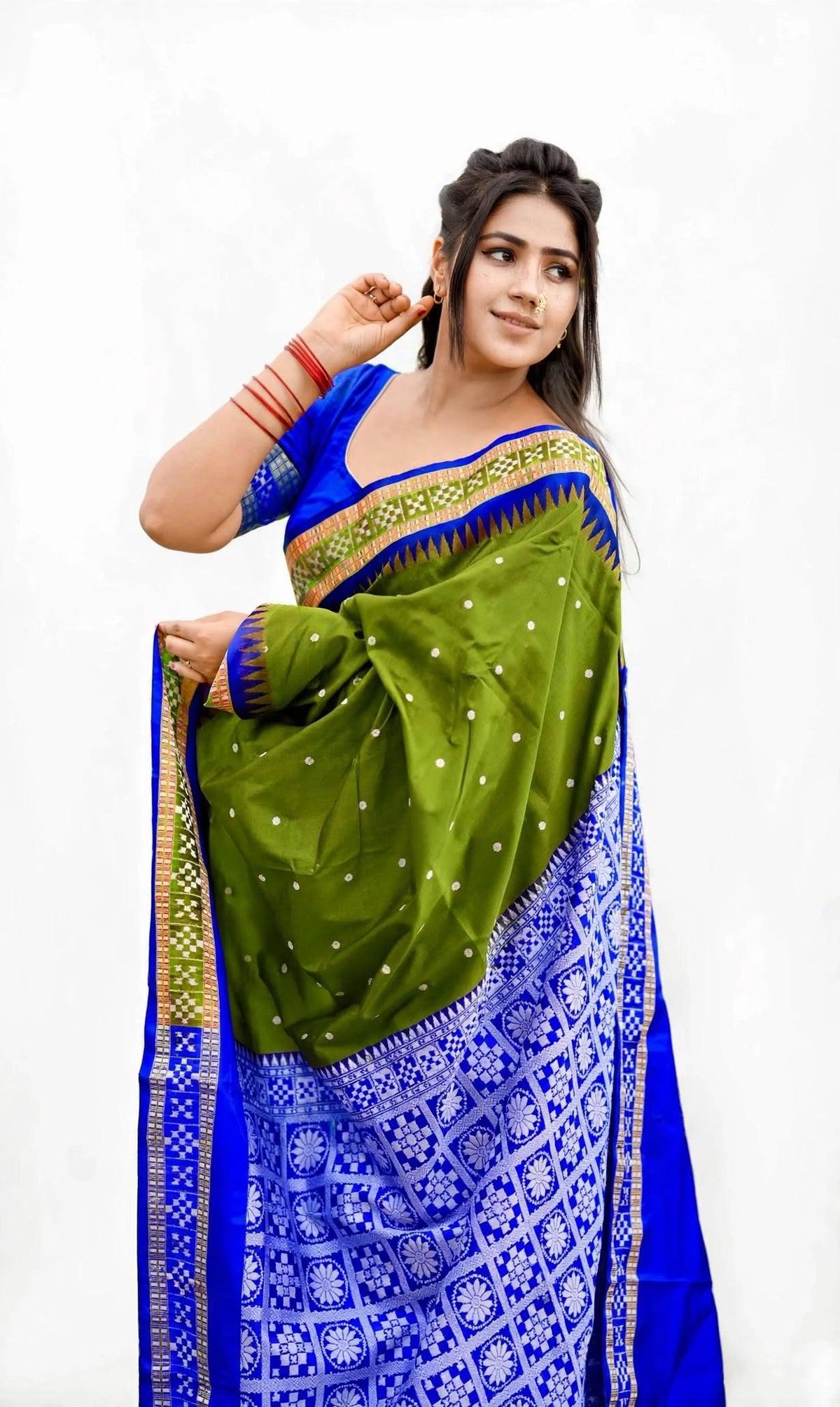 Sambalpuri Mehendi Buti Green & Blue Pata Silk Saree