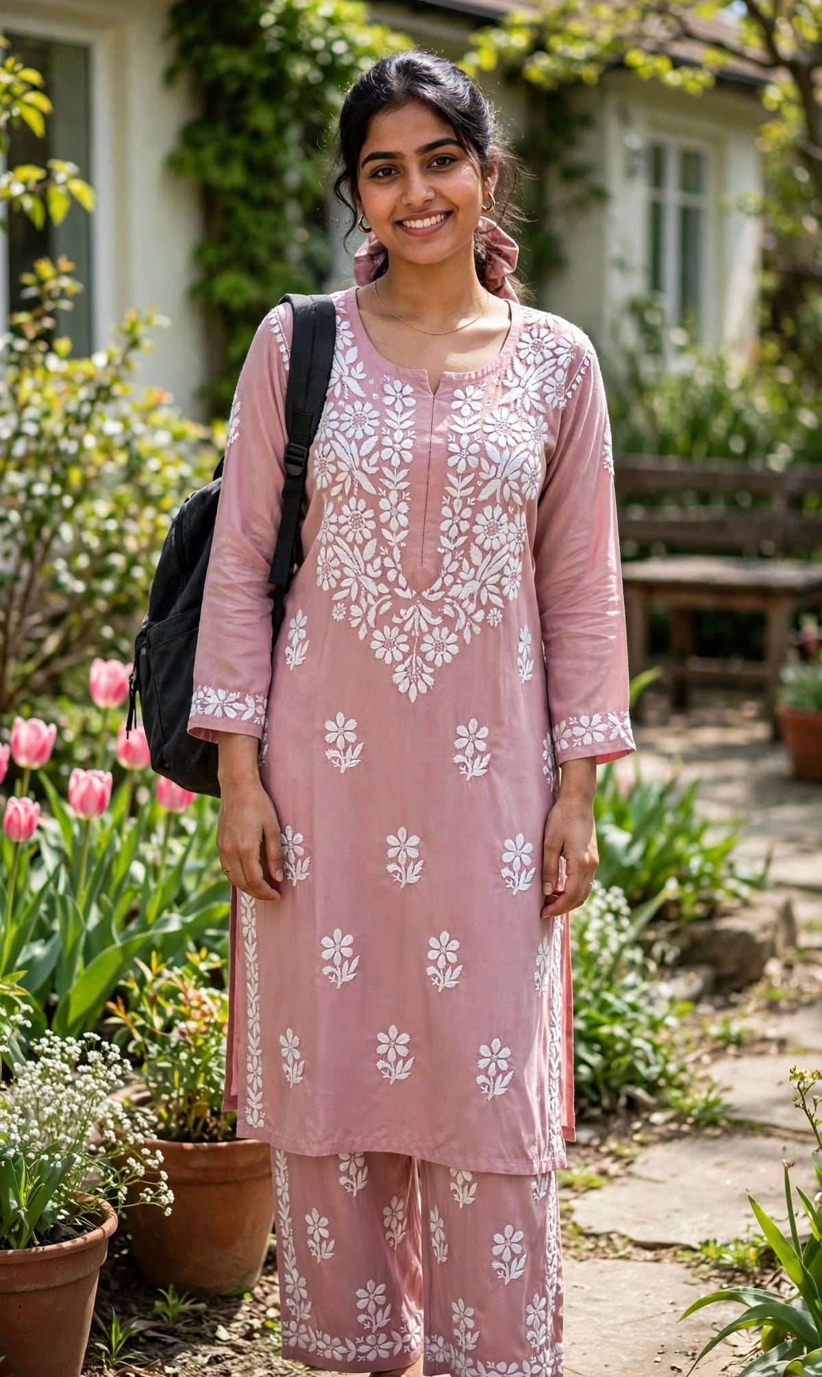 Aurelia Rosewood Chikankari Kurti & Palazzo Set
