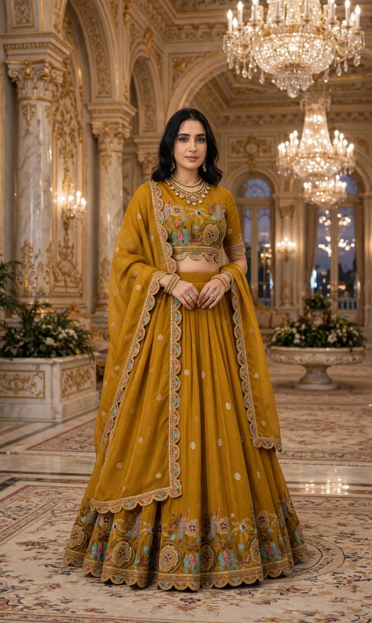 Aurelia Mustard Embroidered Lehenga Set