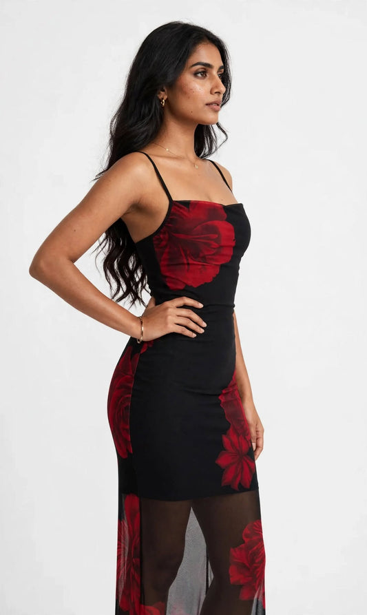 Noir Rose Floral Bodycon Party Dress