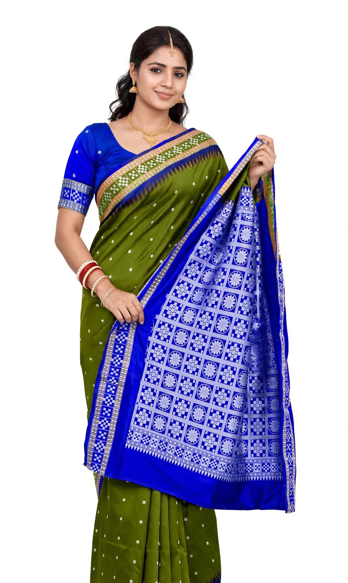 Sambalpuri Mehendi Buti Green & Blue Pata Silk Saree