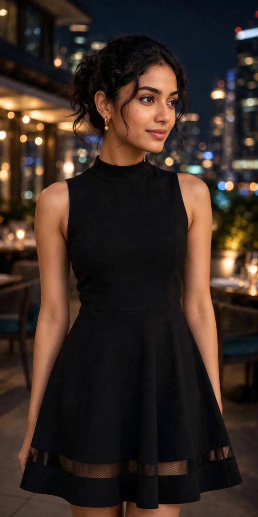 Aurelia Noir Mesh Hem Fit & Flare Mini Dress