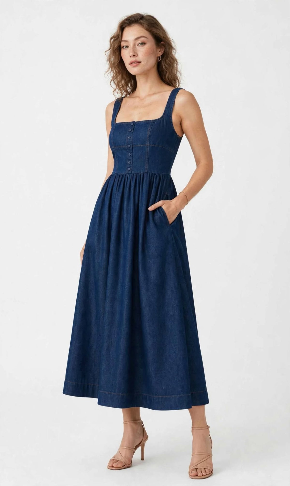 Aurelia Denim Blue Square-Neck Fit & Flare Midi Dress