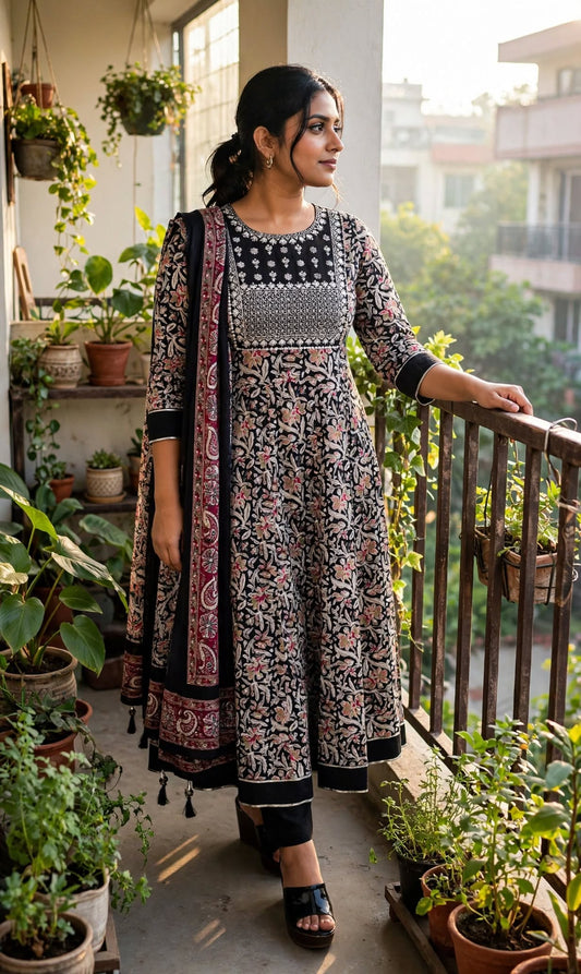 Noir Floral Anarkali Kurta Pant Set