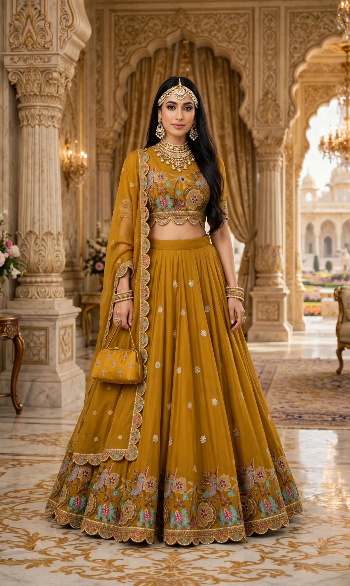 Aurelia Mustard Embroidered Lehenga Set