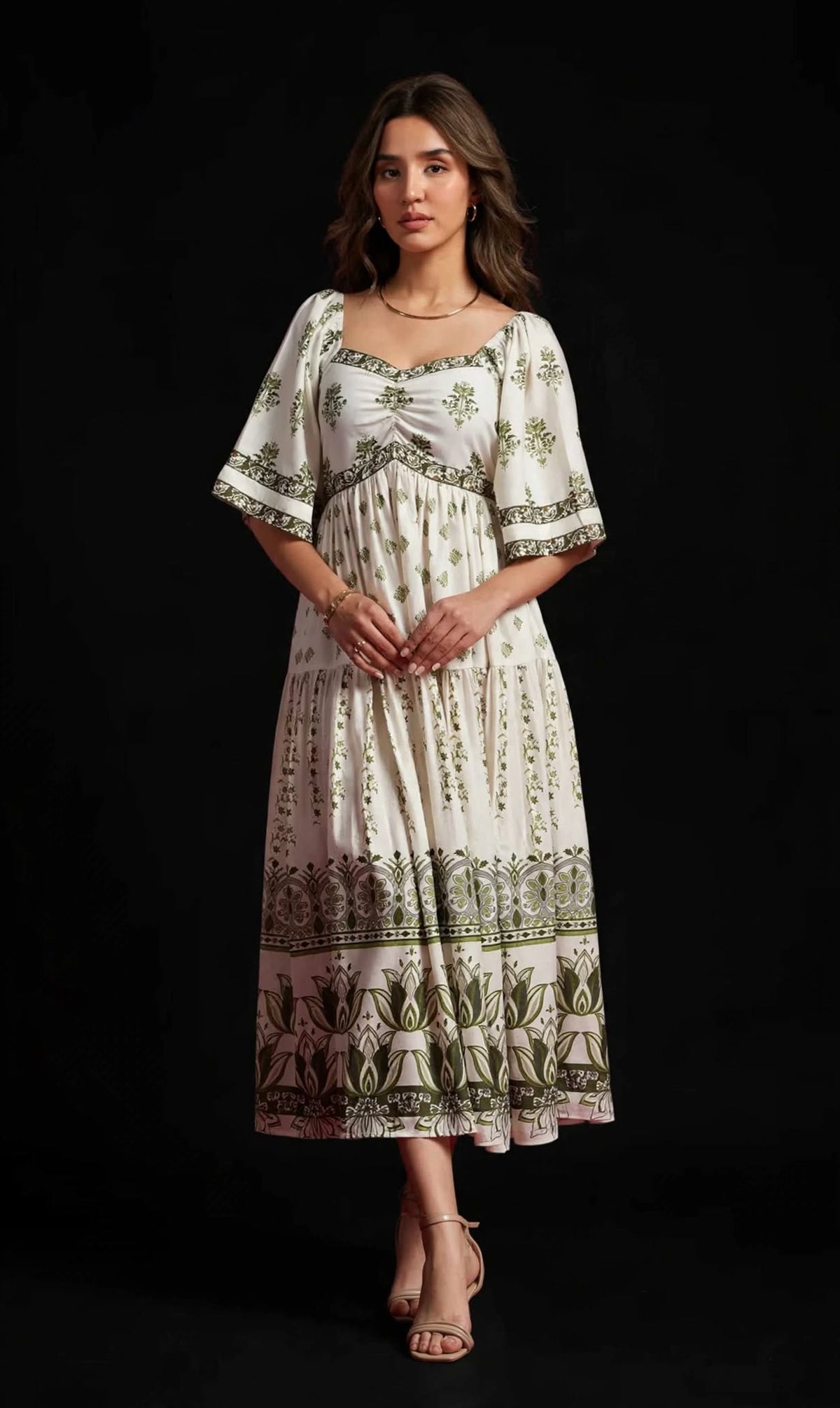 Ivory Floral Flared Midi Dress