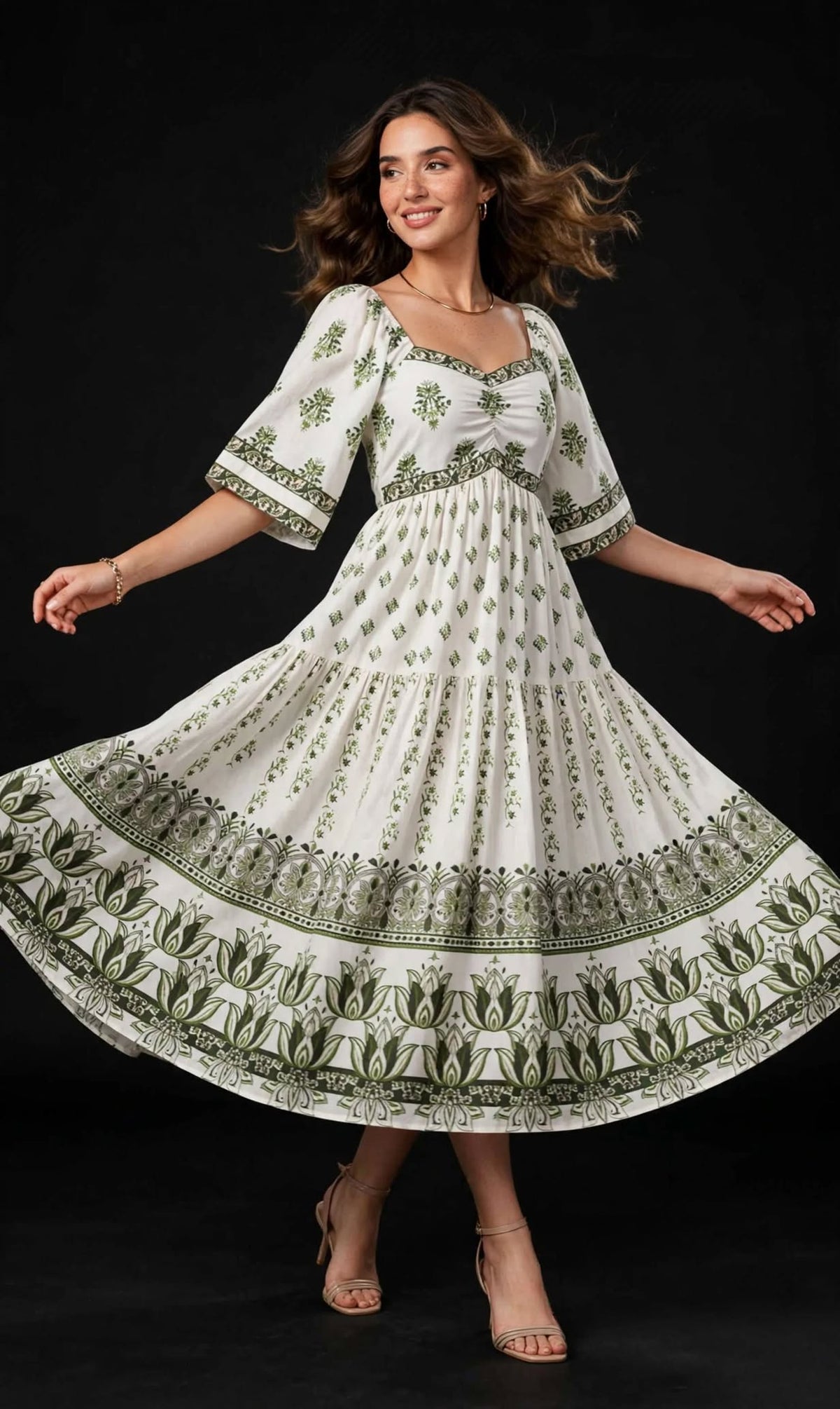 Ivory Floral Flared Midi Dress