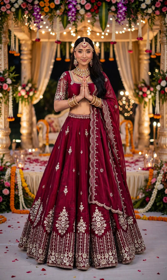 Aurelia Ruby Embroidered Chinnon Lehenga Set