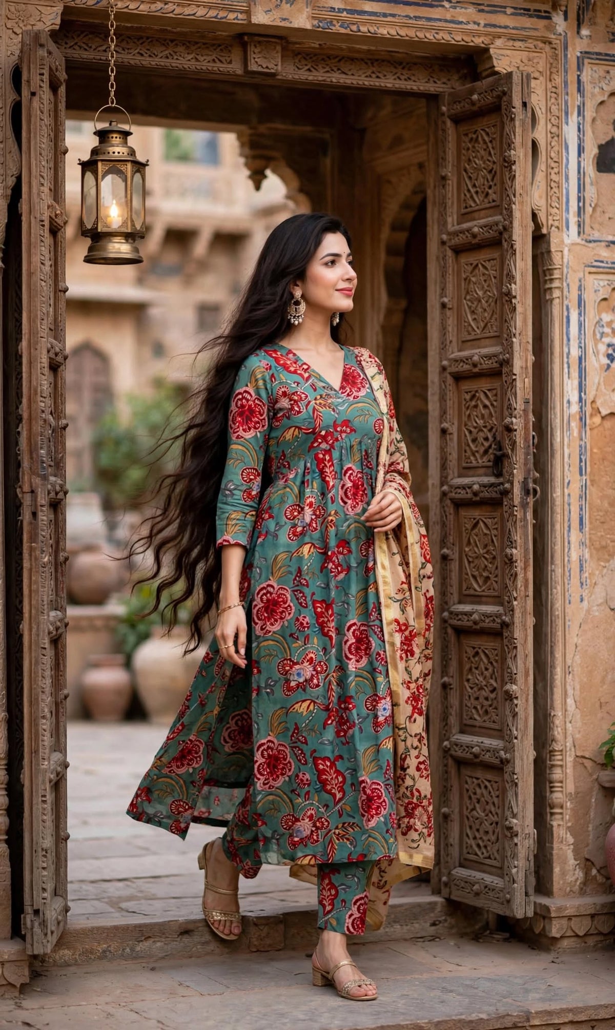 Aurelia Green Floral Anarkali Kurta Set
