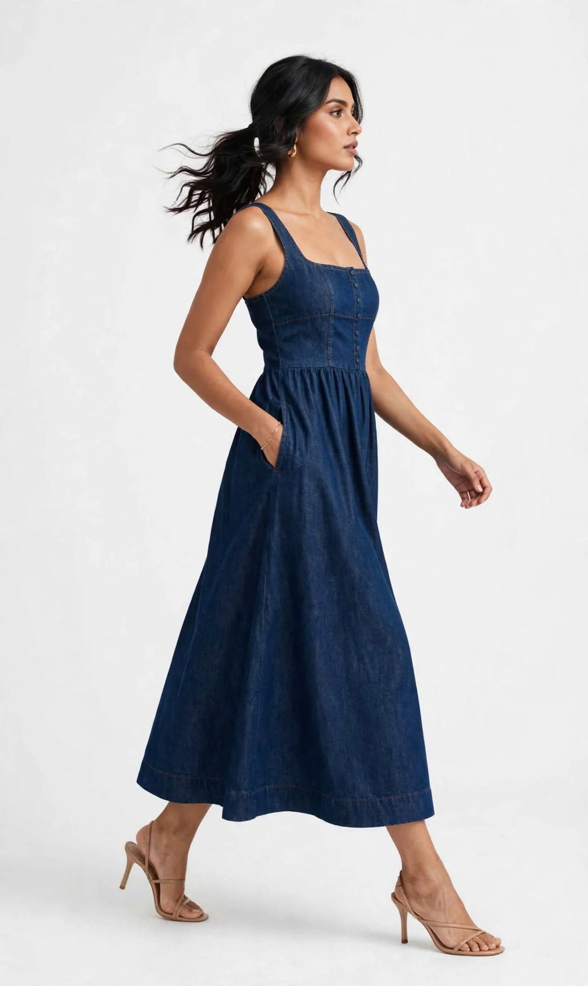 Aurelia Denim Blue Square-Neck Fit & Flare Midi Dress