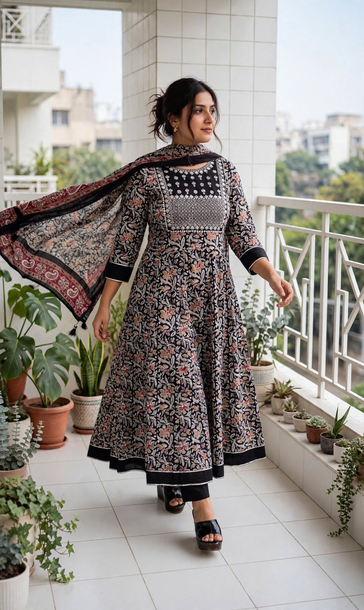 Noir Floral Anarkali Kurta Pant Set