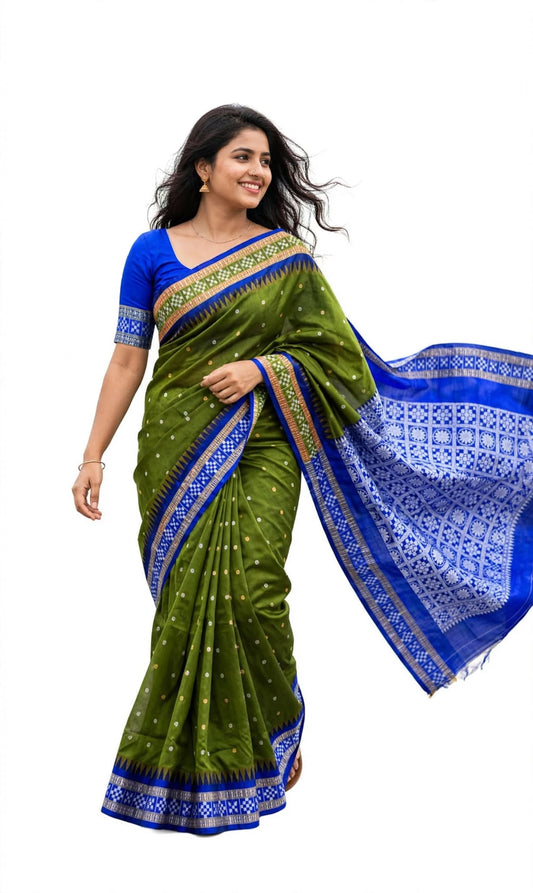 Sambalpuri Mehendi Buti Green & Blue Pata Silk Saree