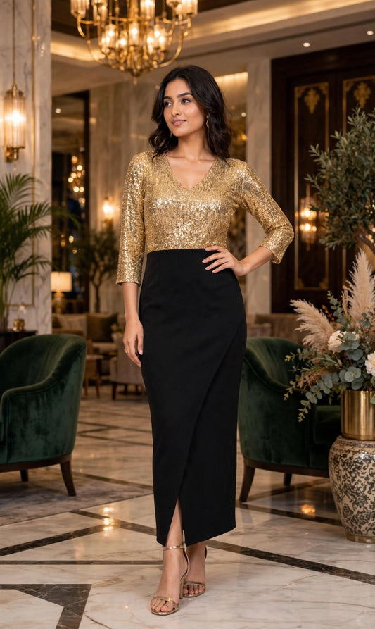 Noir Gold Sequin V-Neck Long Dress