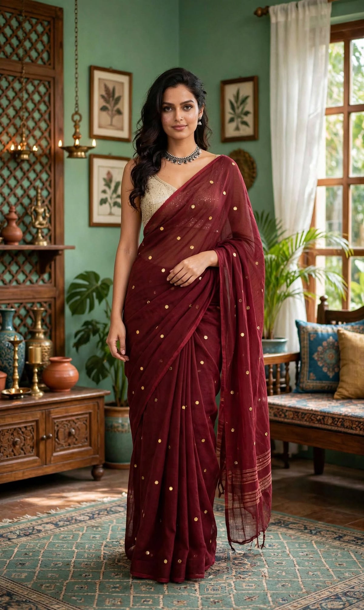 Maroon Handloom Khadi Cotton Saree