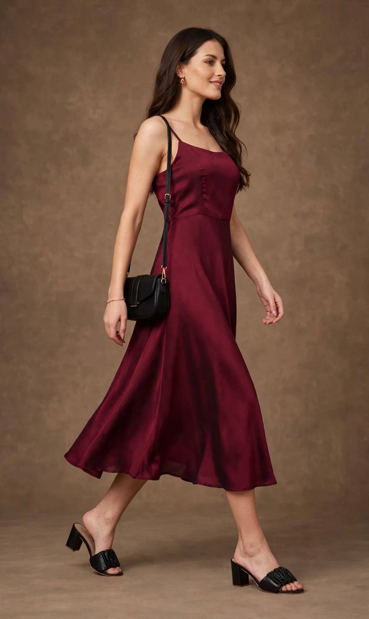 Aurelia Maroon Satin Fit & Flare Midi Dress