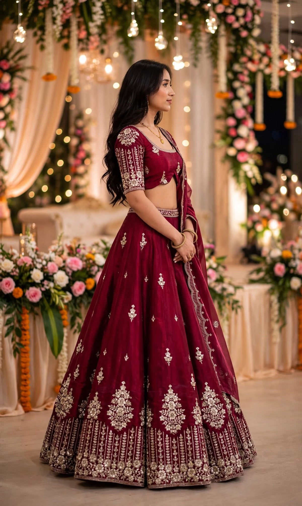 Aurelia Ruby Embroidered Chinnon Lehenga Set