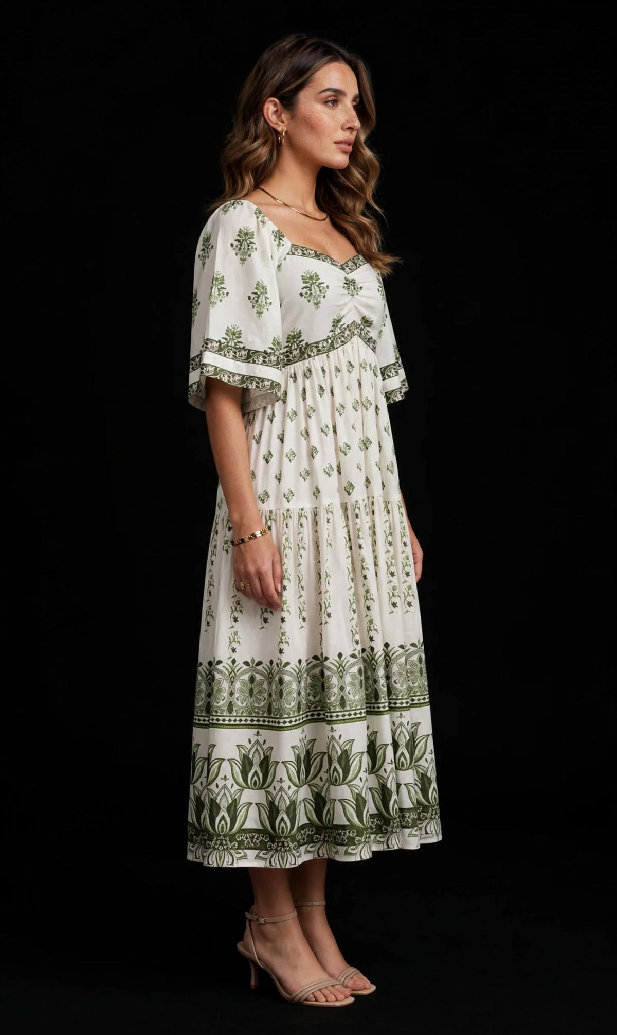 Ivory Floral Flared Midi Dress