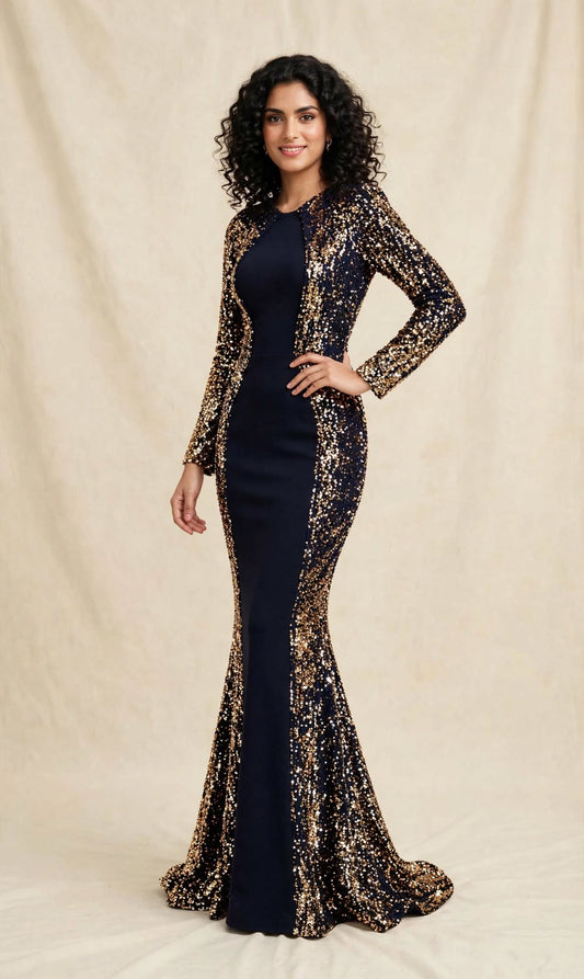 Noir Luxe Embellished Bodycon Maxi Dress