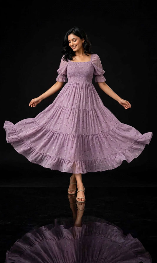 Lavender Floral Smocked Midi Dress