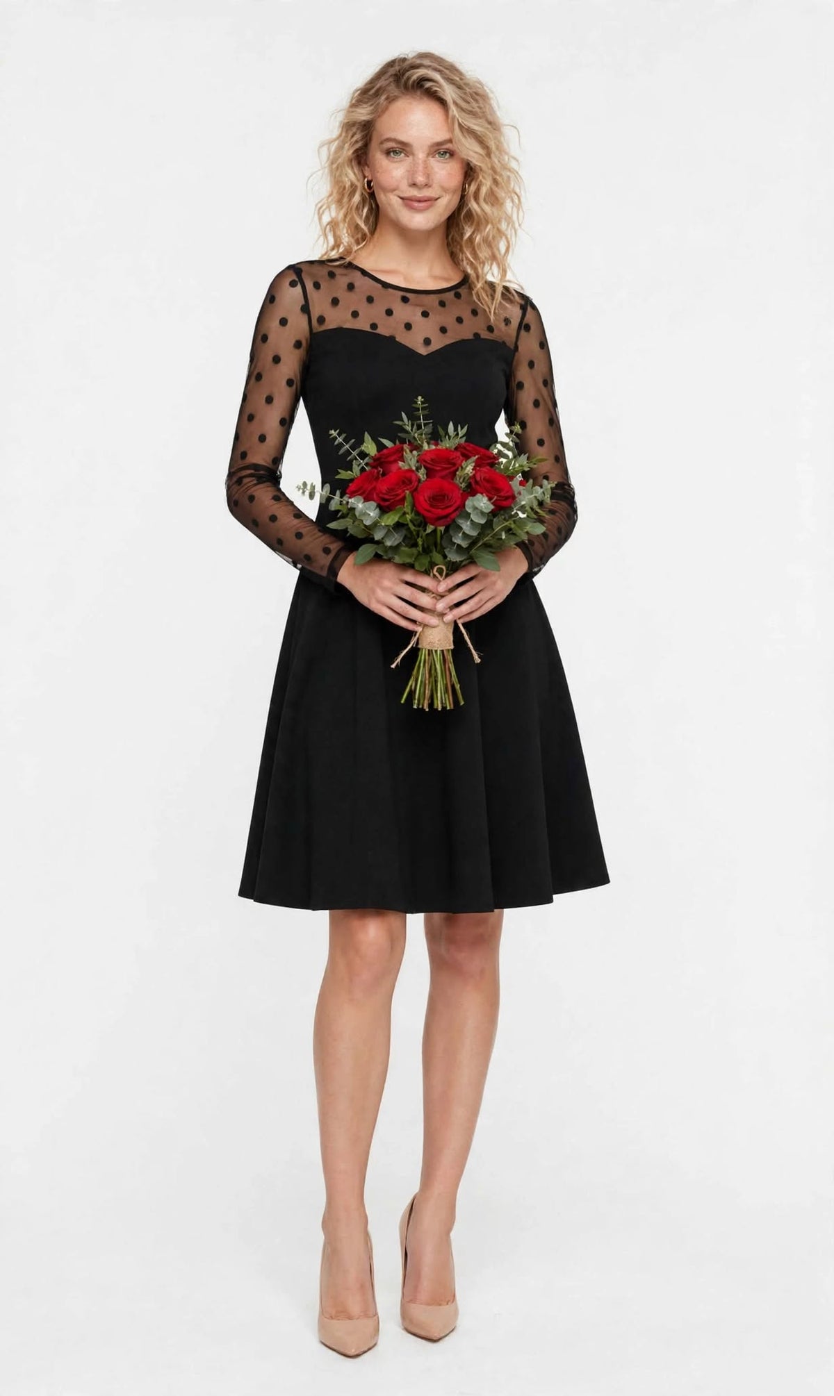 Aurelia Noir Mesh-Sleeve Fit & Flare Party Dress