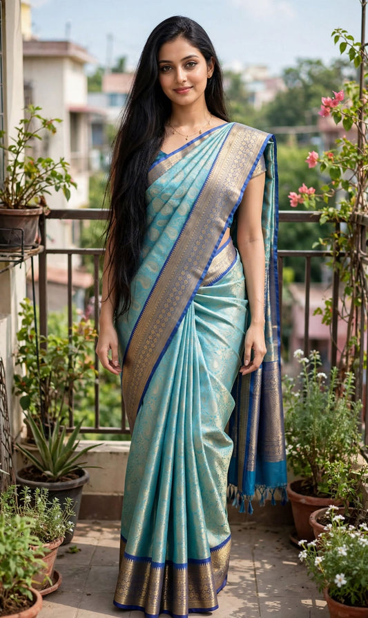 Aurelia Teal Kanjivaram Tissue Soft Silk Saree