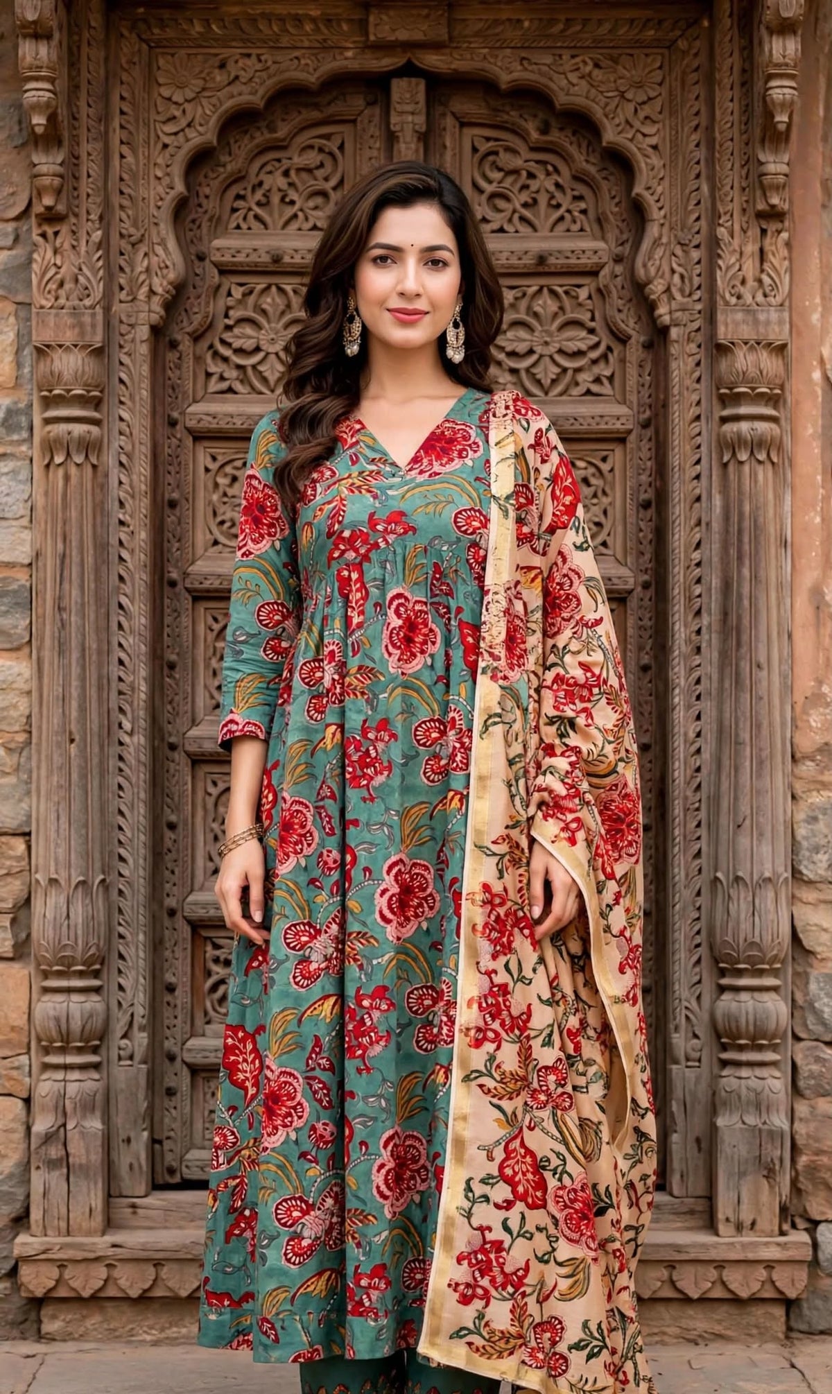 Aurelia Green Floral Anarkali Kurta Set