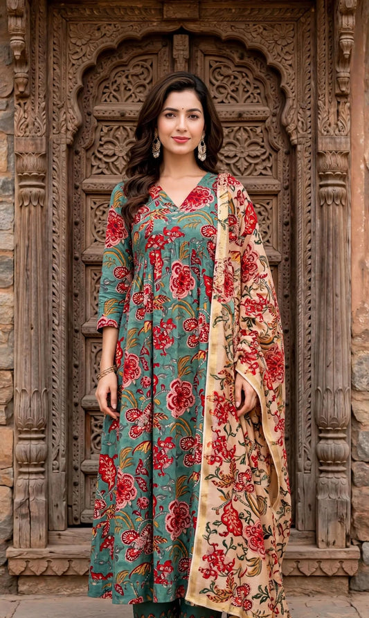 Aurelia Green Floral Anarkali Kurta Set