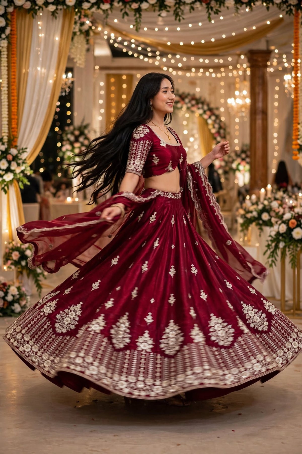 Aurelia Ruby Embroidered Chinnon Lehenga Set