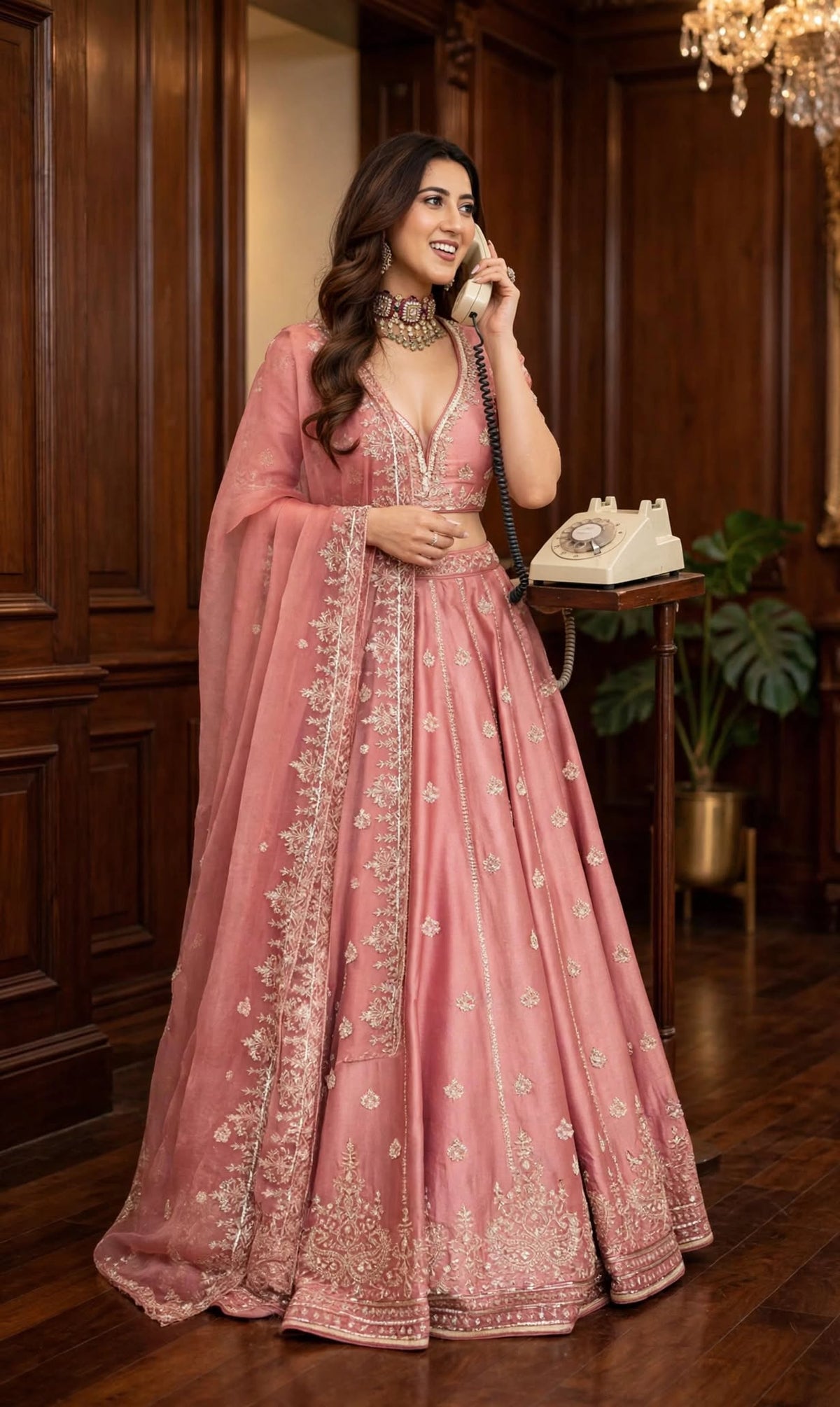 Aurelia Rosewood Embroidered Chinnon Lehenga Set