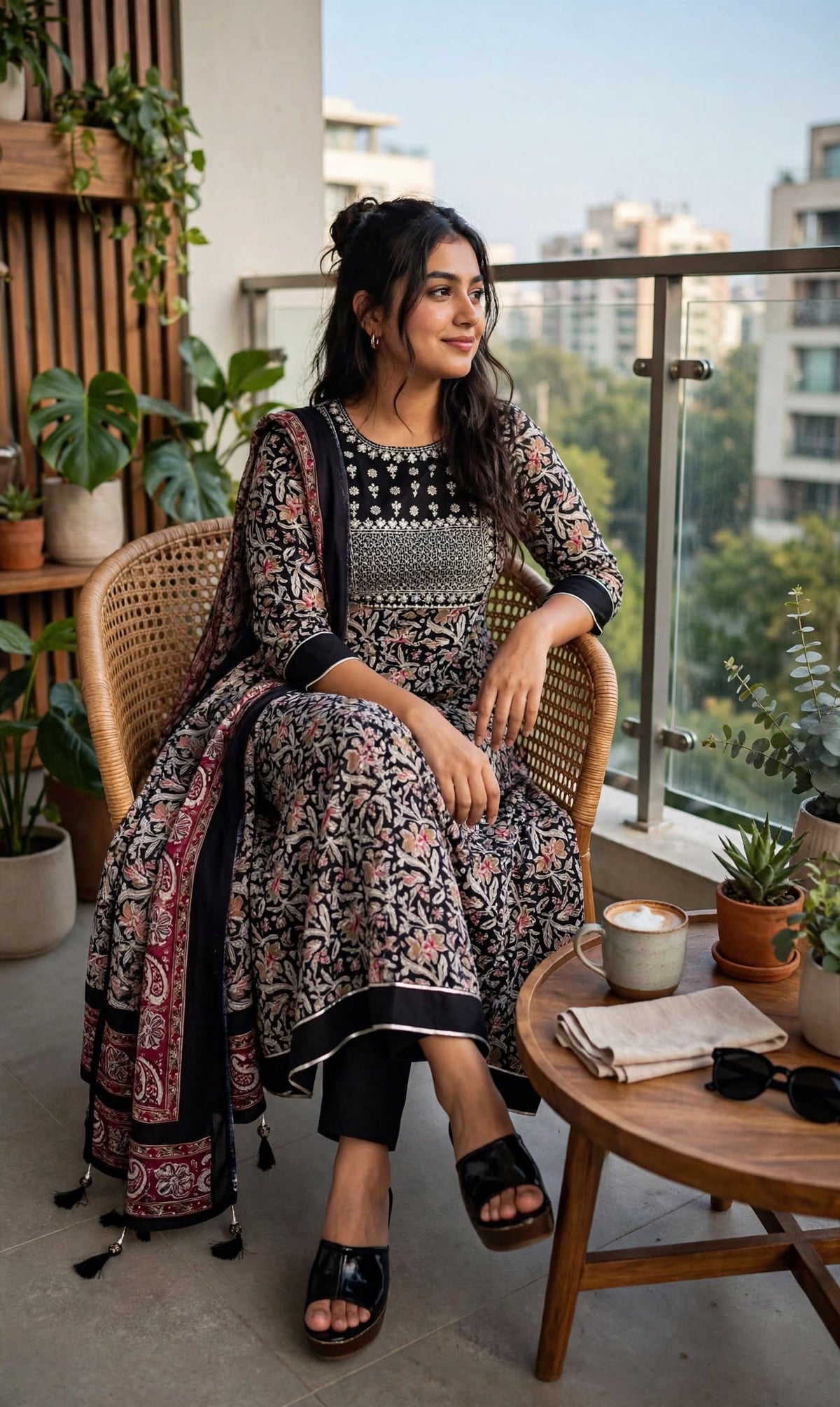 Noir Floral Anarkali Kurta Pant Set