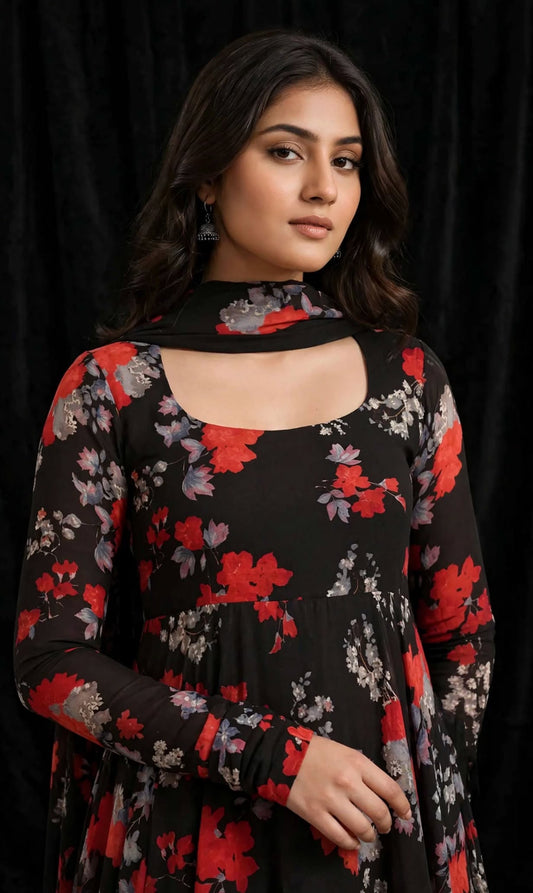 Aurelia Noir Floral Georgette Gown Set
