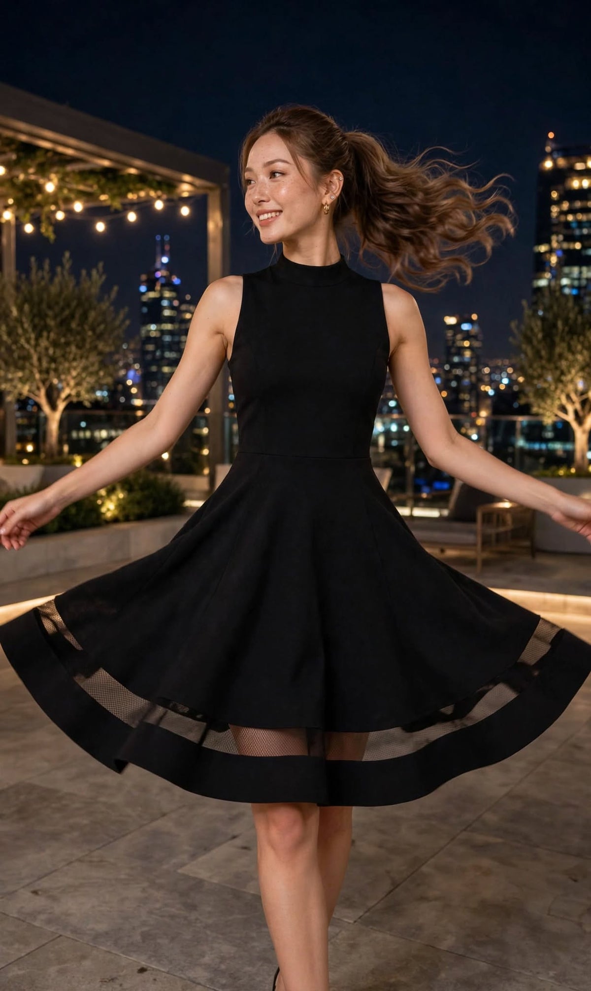 Aurelia Noir Mesh Hem Fit & Flare Mini Dress